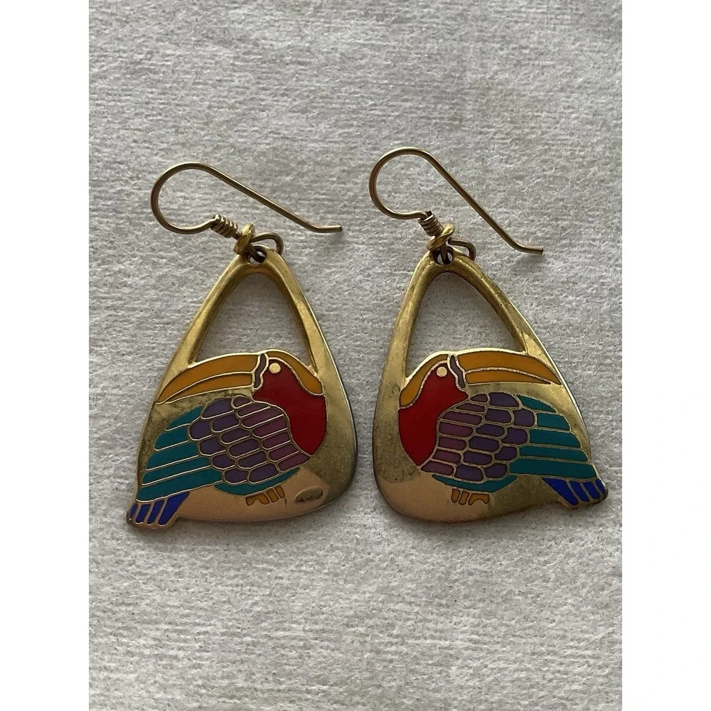 vintage Laurel Burch Toucan dangle earrings Colorful Enamel